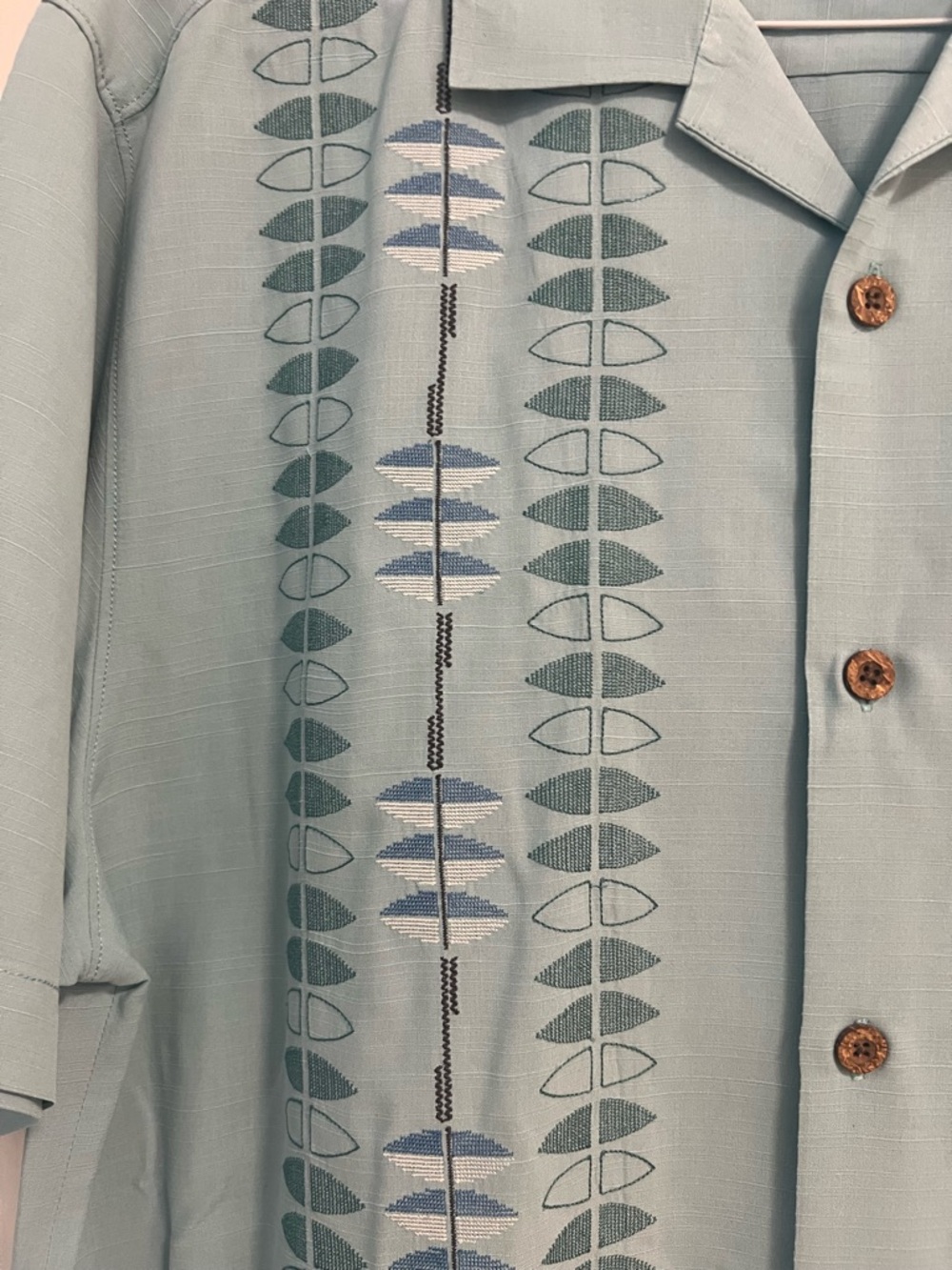 Tommy Bahama Seafoam Green Short-Sleeve Camp Shirt with Vertical Leaf Stripe - Picture 3 of 4